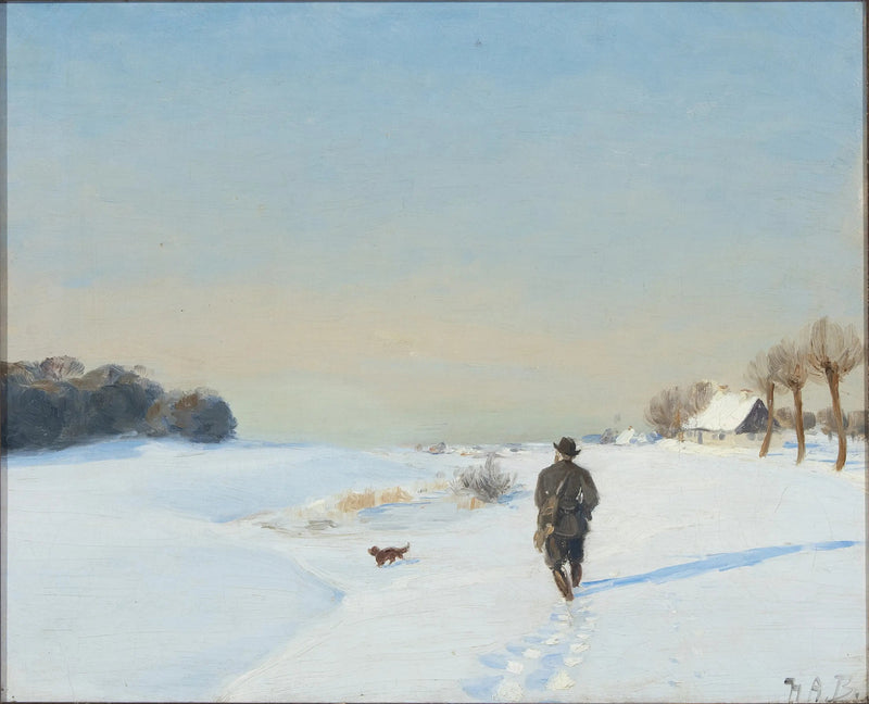 Vinterlandskab med en jæger og hans hund på en solrig dag - H. A. Brendekilde