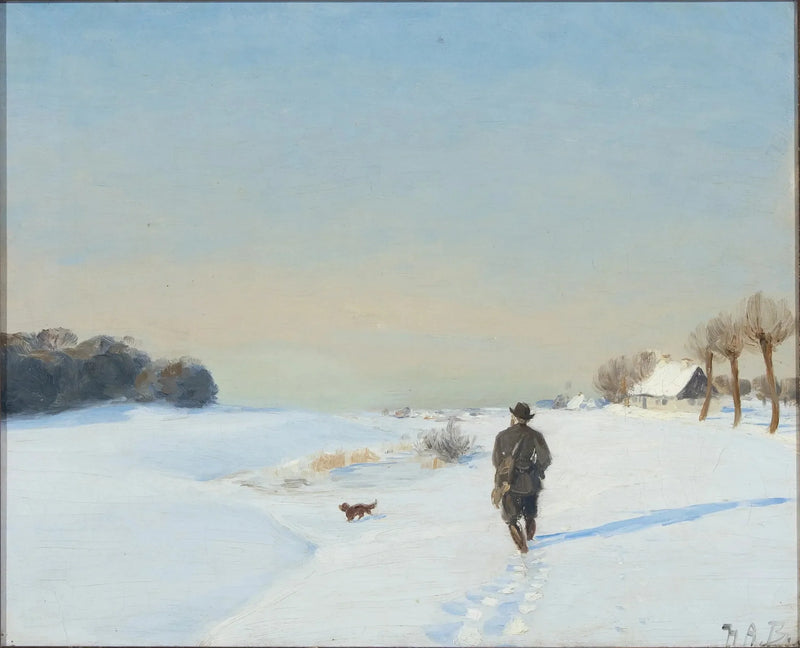 Vinterlandskab med en jæger og hans hund på en solrig dag - H. A. Brendekilde