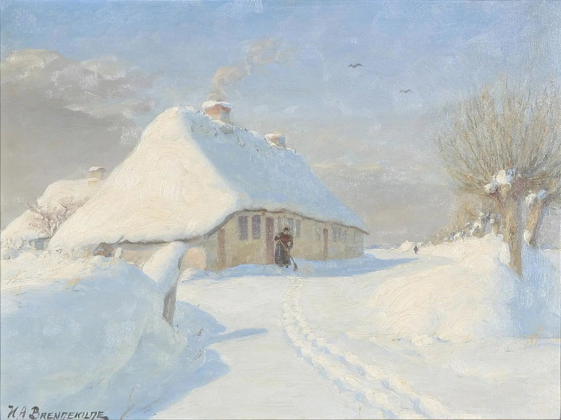 Vinterlandskab med en kvinde på en gård. - H. A. Brendekilde