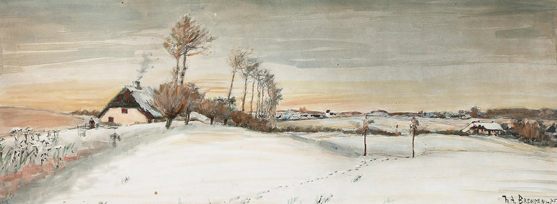 Vinterlandskab i en lille landsby. - H. A. Brendekilde
