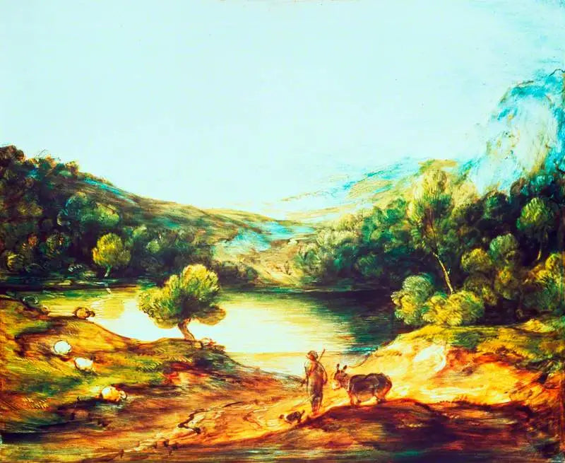 Landskab med høje træklædte bakker med en hyrde, et æsel og spredte får, en sø og en landsby samt bakker i det fjerne - Thomas Gainsborough