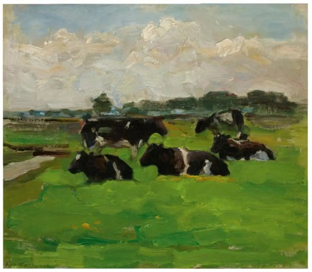 Reproduction du tableau « Paysage de polders avec un groupe de cinq vaches - Piet Mondrian » par Alpha Reproduction en peinture à l’huile