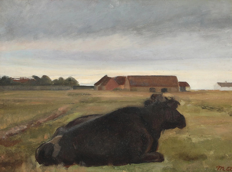 Skagenlandskab med kvæg, der hviler på en mark. - Michael Peter Ancher