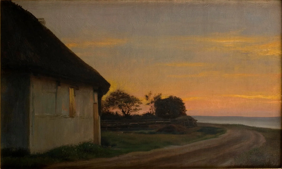Aftenlandskab med et hus og en have ved havet. Ellekilde - Carl Heinrich Bloch