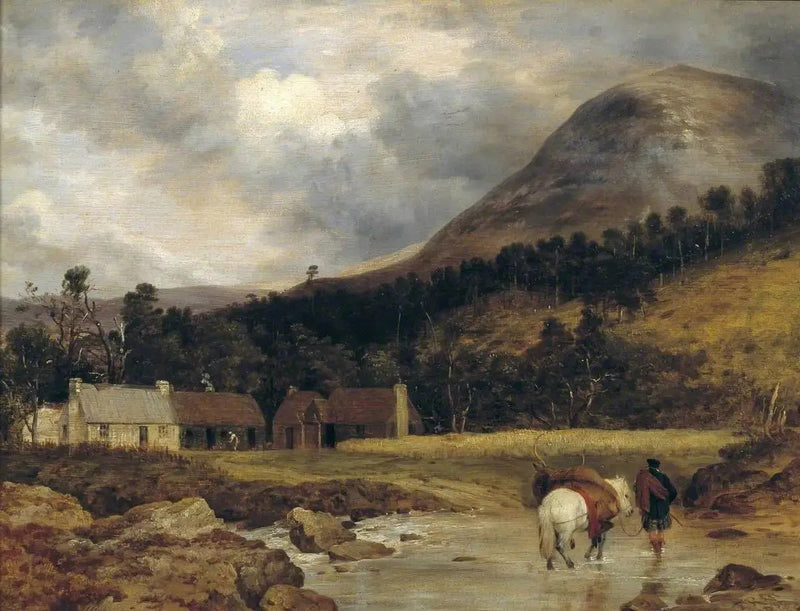 Skotsk landskab: Ankomsten af en hjort (personage og dyr af Sir E. Landseer) - Edwin Henry Landseer