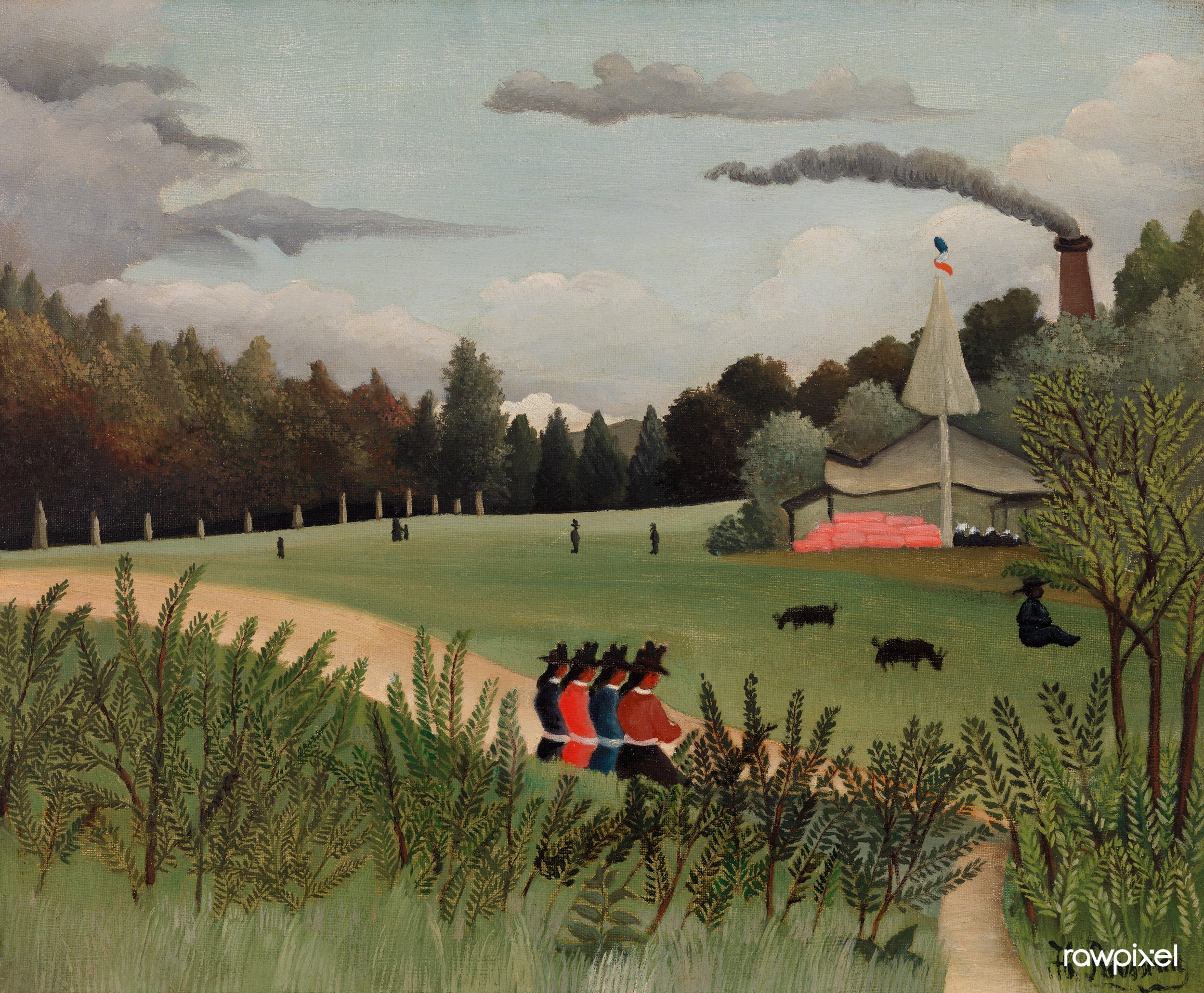 Landskab og fire unge piger - Henri Rousseau