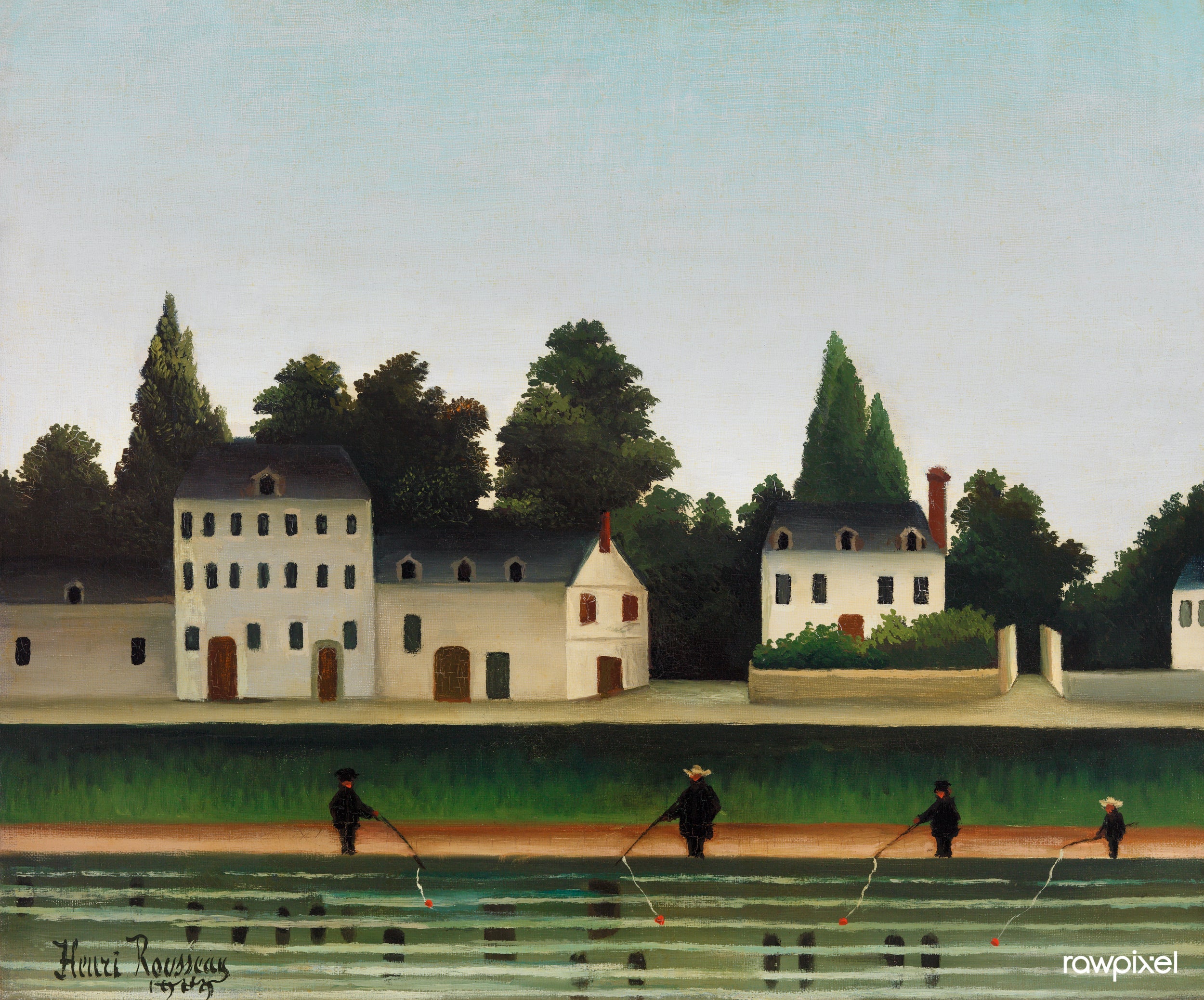 Landskab og fire fiskere med fiskestænger - Henri Rousseau