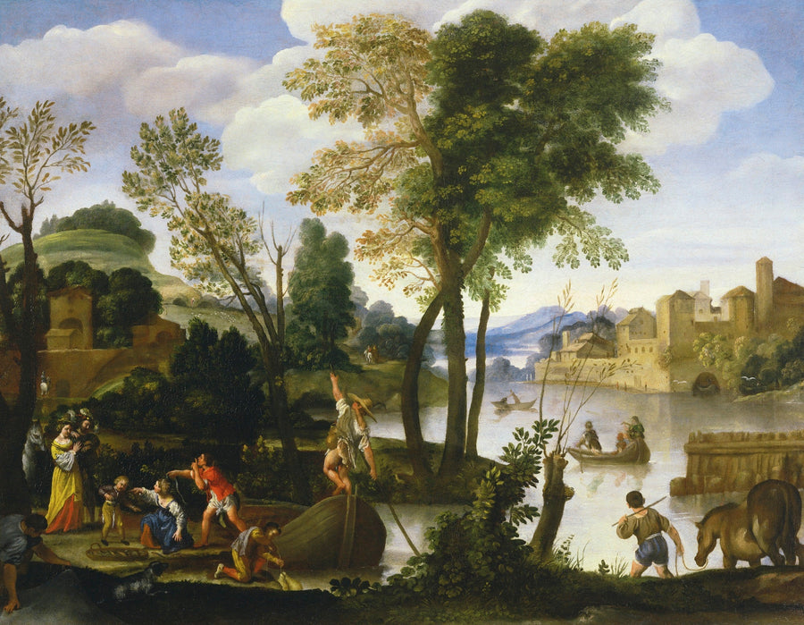 Flodlandskab med bådsmænd og fiskere, et elegant par, der går en tur ved flodbredden - Domenichino