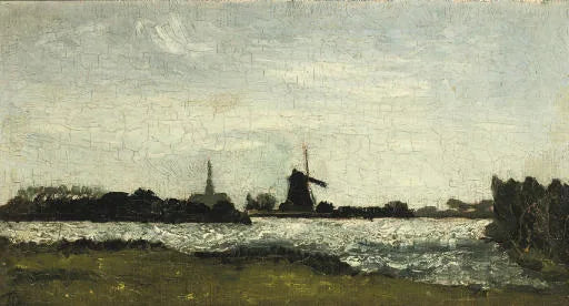 Paysage fluvial avec clocher et moulin - Theo van Doesburg