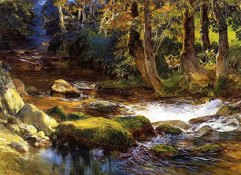 Flodlandskab med hjorte - Frederick Arthur Bridgman