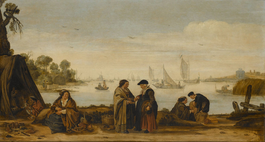 Paysage fluvial avec des gitans. - Arent Arentsz