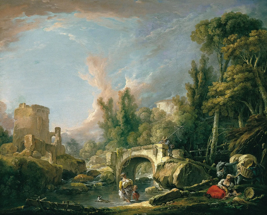 Flodlandskab med ruin og bro - François Boucher