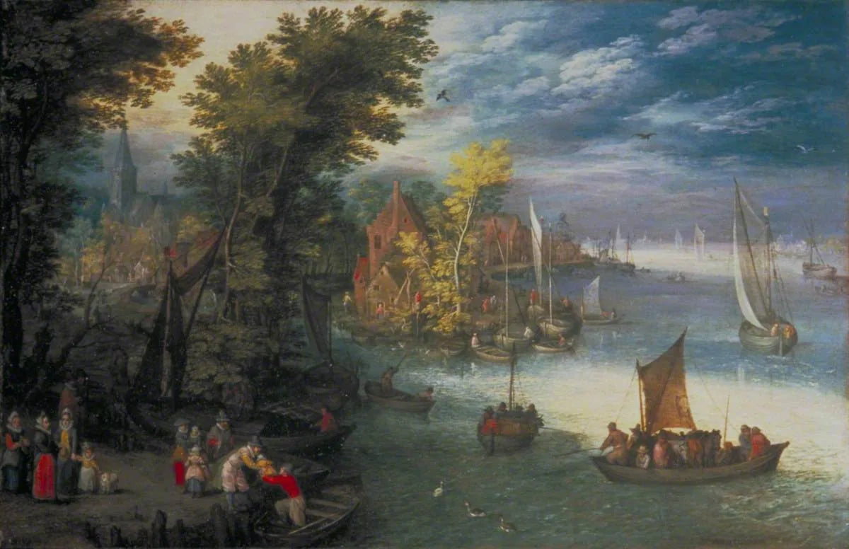 Paysage fluvial avec un village et un débarcadère - Jan Brueghel l'Ancien image 1 copie de tableau peinte à la main