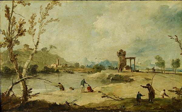 Flodlandskab med et forfaldent tårn og en fjern landsby - Francesco Guardi