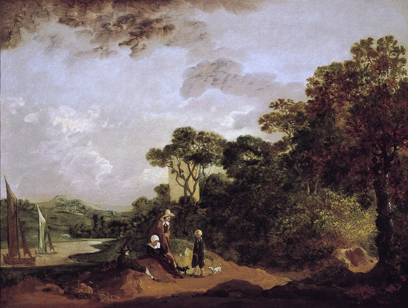 Flodlandskab med træer, landmænd i hvile og kirkespir - Thomas Gainsborough