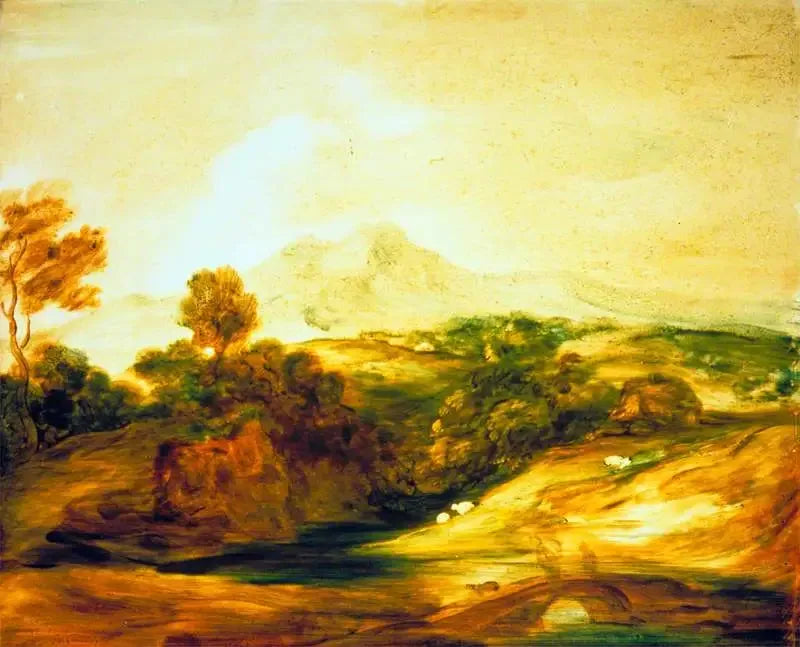 Bøget flodlandskab med personer på en bro, en hytte, får og fjerne bjerge - Thomas Gainsborough