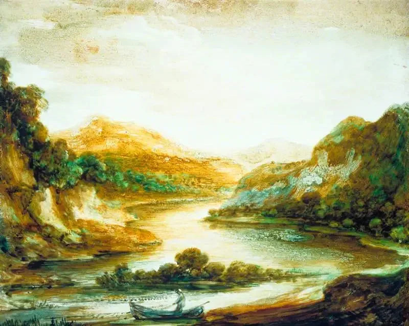 Flodlandskab med træer og en fisker i en båd, høje bredder og fjerne bjerge - Thomas Gainsborough