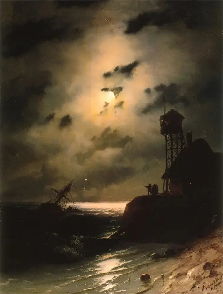 Marinelandskab i måneskin med skibsvrag - Ivan Aïvazovski