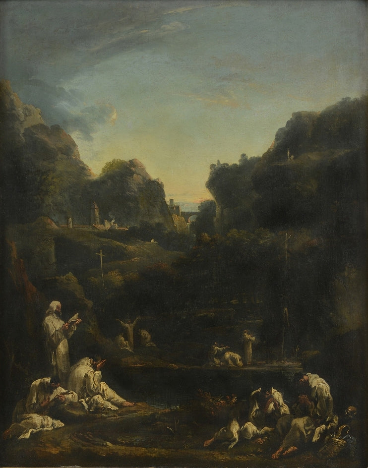 Bjergrigt landskab med grupper af munke - Sebastiano Ricci