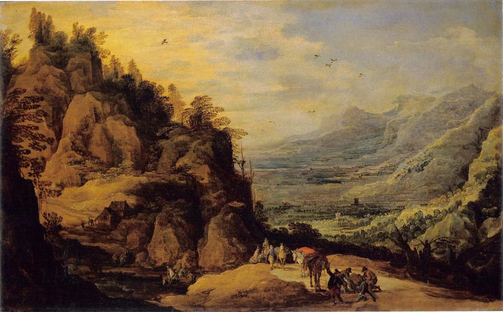 Paysage montagneux avec des personnages et un âne - Jan Brueghel l'Ancien image 1 reproduction de peinture à l’huile