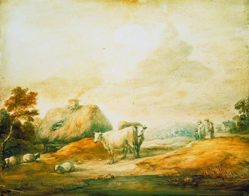 Åbent landskab med bønder, køer, får, hytter og swimmingpool - Thomas Gainsborough
