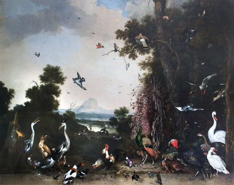 Åbent landskab med fjerkræ og vadefugle - Melchior de Hondecoeter