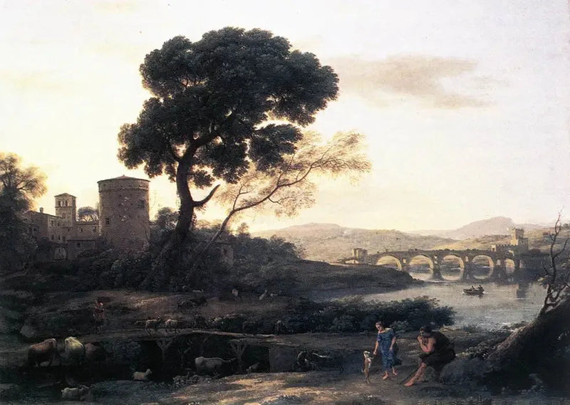 Landskabelig pastoral med Milvius-broen - Claude Lorrain