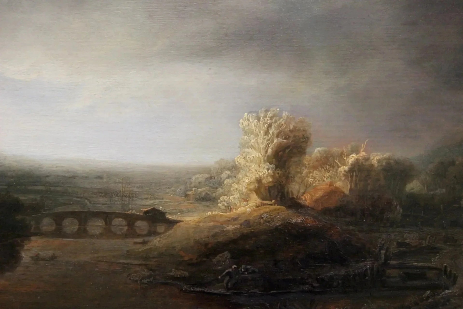 Paysage avec un pont en arc — Rembrandt, vers 1638, Gemäldegalerie de Berlin
