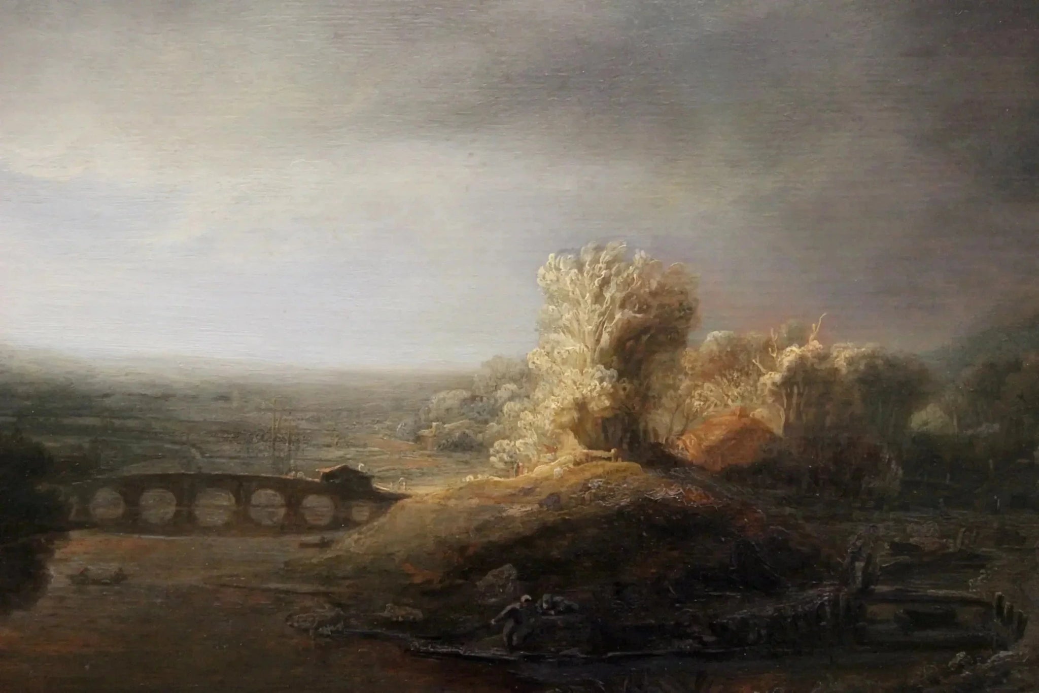 Paysage avec un pont en arc — Rembrandt, vers 1638, Gemäldegalerie de Berlin