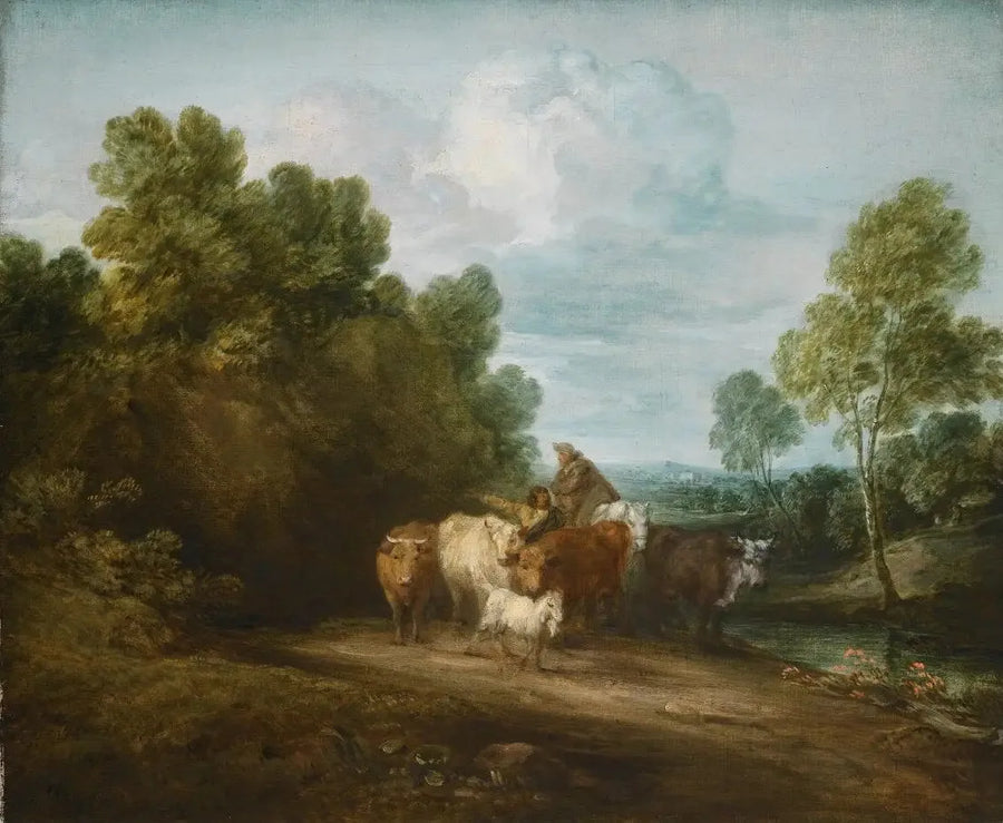 Klippeagtigt landskab med bonde på hest, hyrde og husdyr, og bygning i det fjerne - Thomas Gainsborough