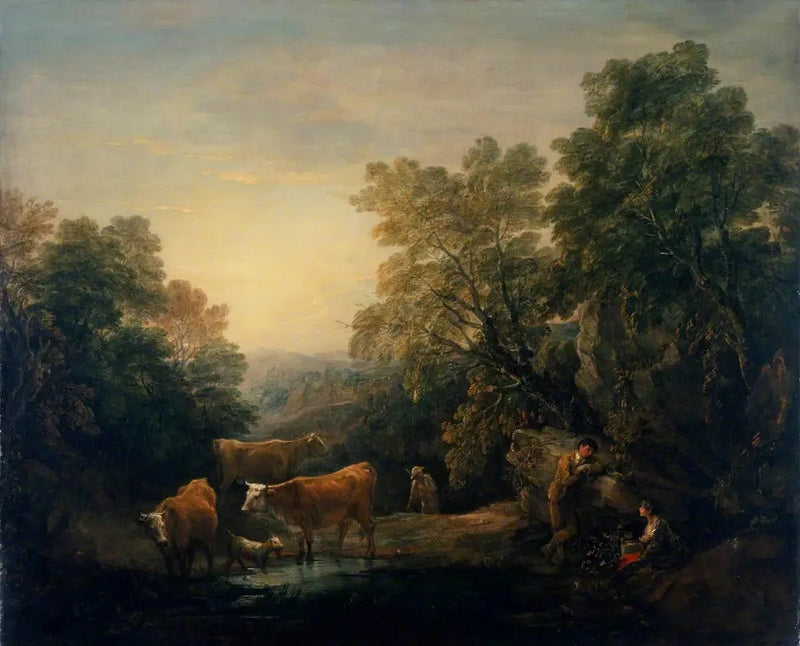 Klippe- og skovlandskab med rustikke elskende, en hyrde og køer - Thomas Gainsborough
