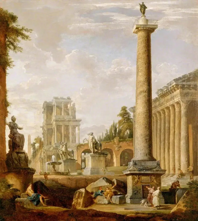 Romersk landskab med Trajan-søjlen - Giovanni Paolo Panini
