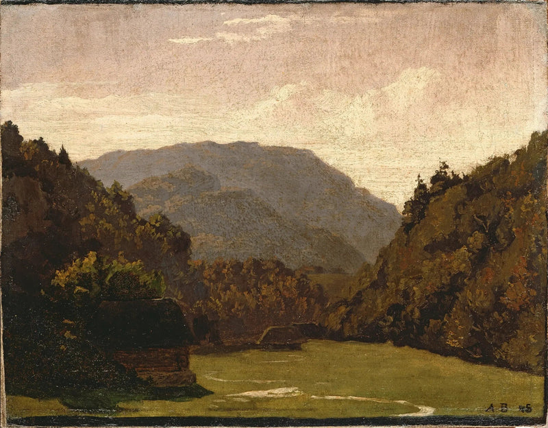 Bakket landskab med træhytter og en bæk i sletterne - Arnold Böcklin