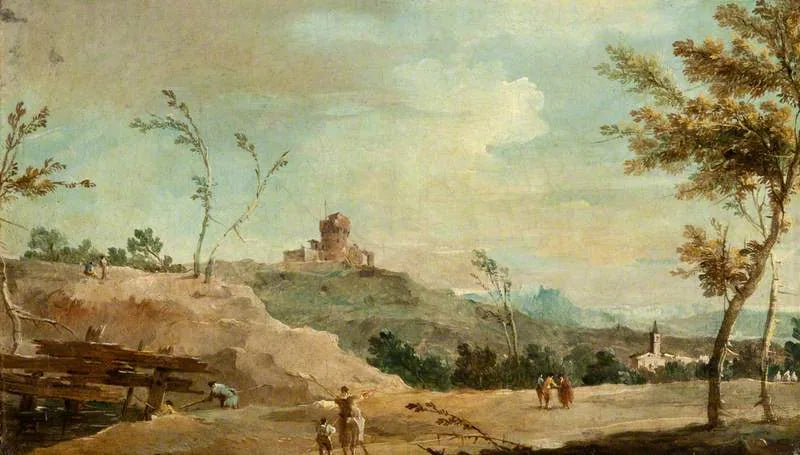 Bakket landskab med et forladt tårn - Francesco Guardi