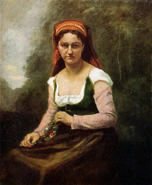 Sidende bonde i grøntområdet, holder en blomsterkrans - Jean-Baptiste Camille Corot