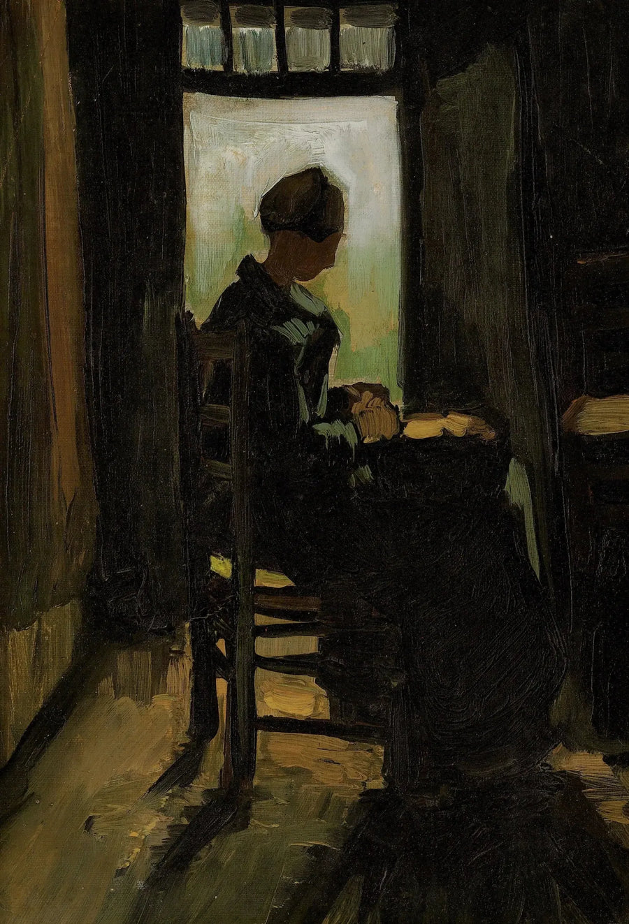 Bondemandsske siddende foran en åben dør, skræller kartofler - Vincent van Gogh
