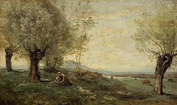 Landmand, der klipper græs ved en pilskov - Jean-Baptiste Camille Corot