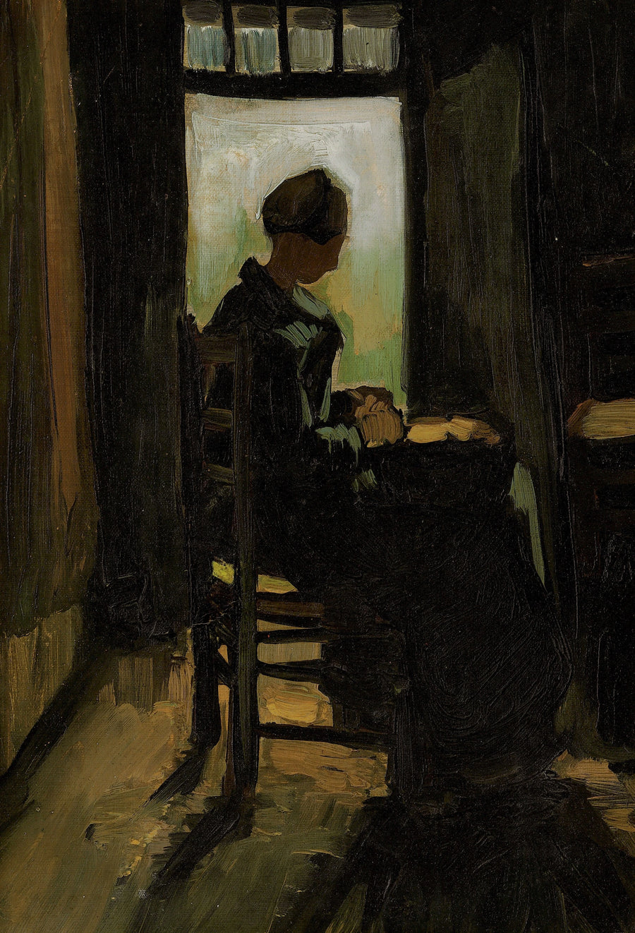 Bondemandsske siddende foran en åben dør, skræller kartofler - Vincent van Gogh