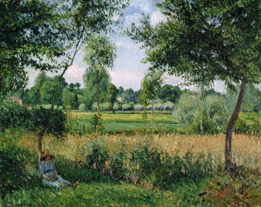 Landmandinde hviler ved foden af et træ, sollys effekt, Éragny - Camille Pissarro