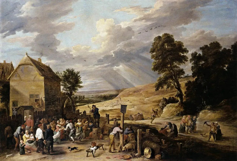 Bønder danser foran en kro - David Teniers den Yngre