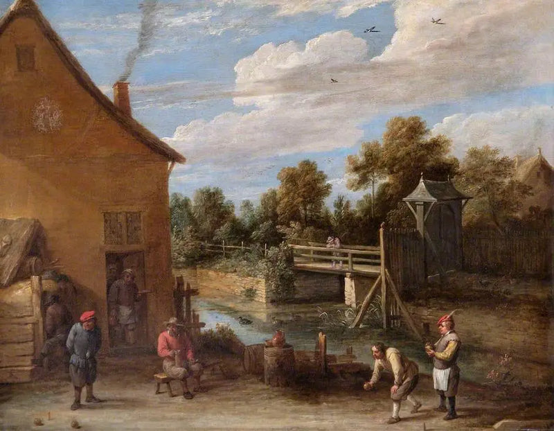 Bønder, der spiller petanque foran en kro ved bredden af en flod - David Teniers den Yngre