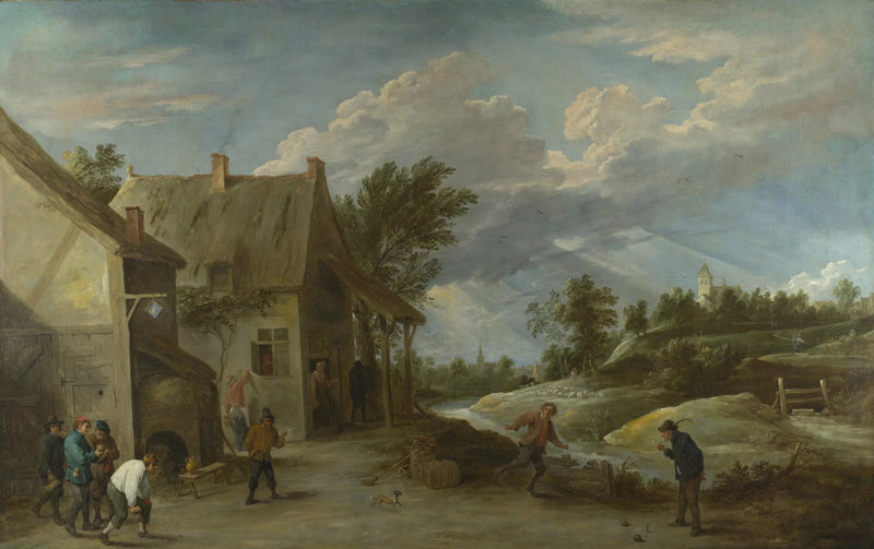 Bønder, der spiller petanque foran en landsby kro - David Teniers den Yngre