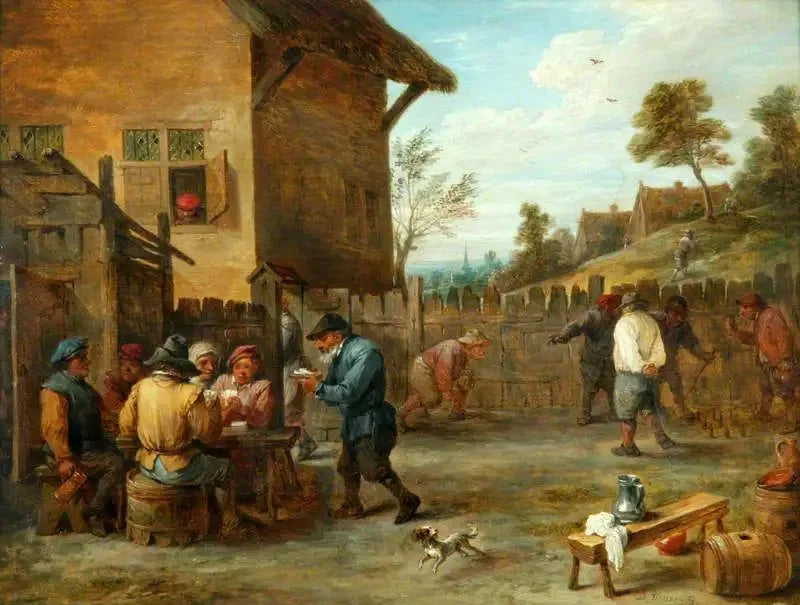Bønder, der spiller kort og kegler i en gård - David Teniers den Yngre