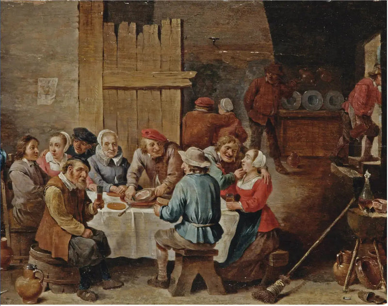 Bønder, der spiser og drikker i et interiør - David Teniers den Yngre