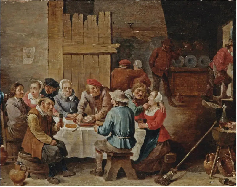 Bønder, der spiser og drikker i et interiør - David Teniers den Yngre