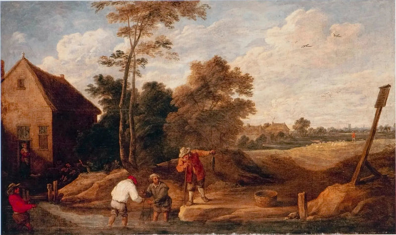 Bønder, der fisker i en bæk, nær en hytte - David Teniers den Yngre