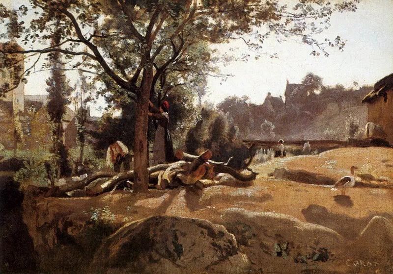 Bønder under træerne ved daggry - Jean-Baptiste Camille Corot