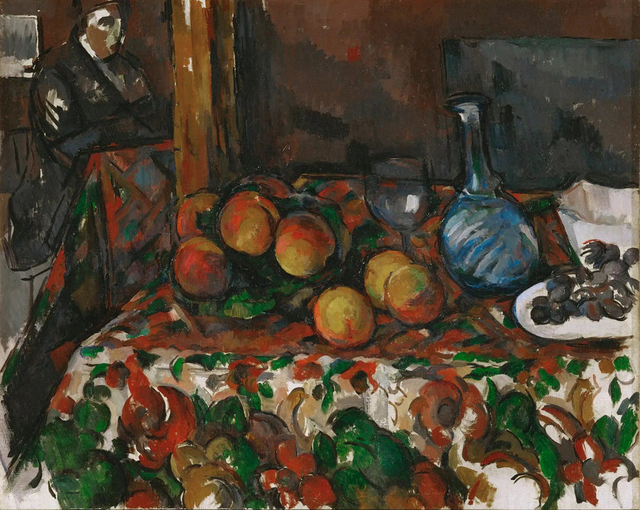 Ferskner, karaffel og figur - Paul Cézanne