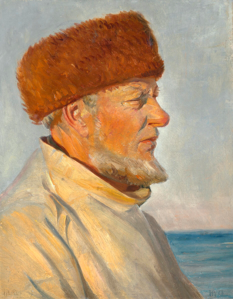 En fisker fra Skagen, iført pelshue, solbader på stranden. - Michael Peter Ancher