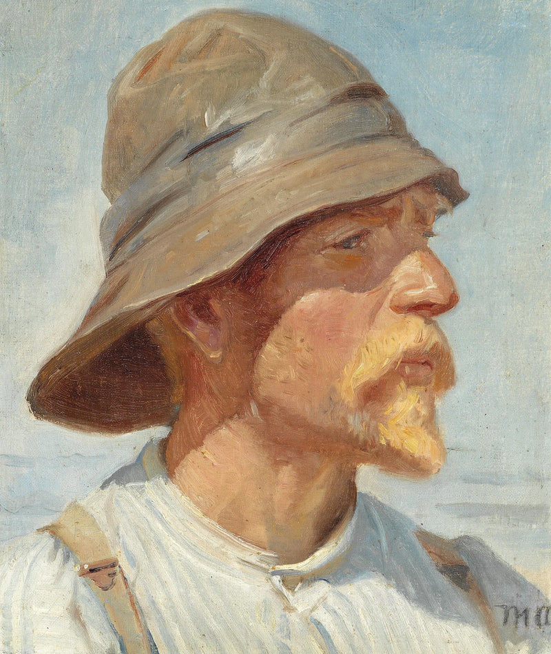 Skagensfisker iført olieskind, stribet skjorte og seler. - Michael Peter Ancher